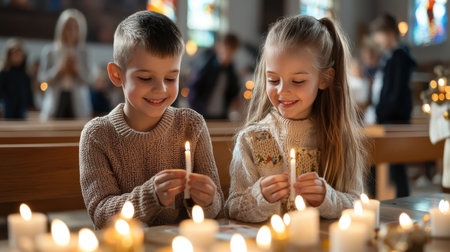 Two children are sitting at a table with lit candles. They are smiling and seem to be enjoying the momentの素材