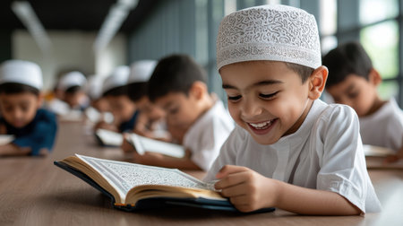 A young boy is reading a book with a smile on his face. He is surrounded by other children who are also reading. Concept of learning and enjoyment, as the children are engaged in their studiesの素材