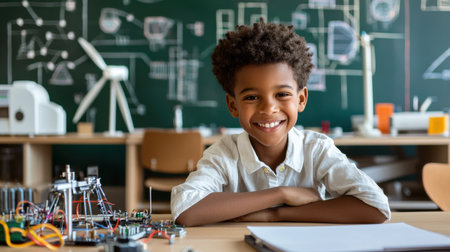 A young boy is sitting at a desk in a classroom with a green chalkboard behind him. He is smiling and he is enjoying himselfの素材