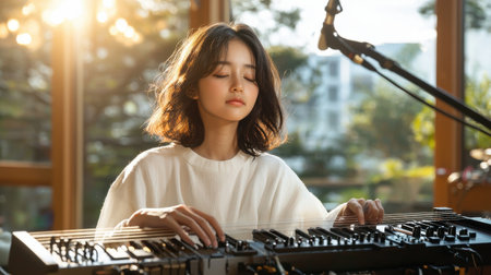 A woman is playing a keyboard in a room with a window. She is wearing a white shirt and she is focused on her musicの素材