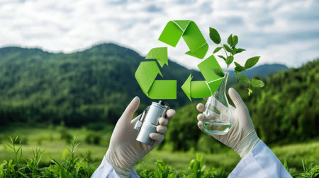 A person holding a small device and a vase with a plant in it. The person is wearing gloves and the device is a battery. Concept of recycling and taking care of the environmentの素材
