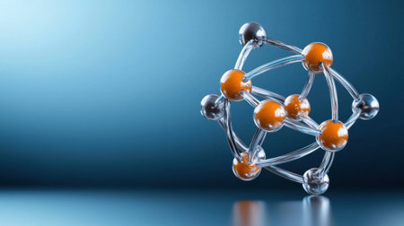 A model of a molecule is shown with a blue background. The molecule is made up of many small spheres, some of which are orange. Scene is scientific and technicalの素材