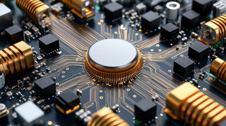 A close up of a circuit board with a gold colored component in the center. Concept of complexity and intricacy, as the various components are densely packed togetherの素材