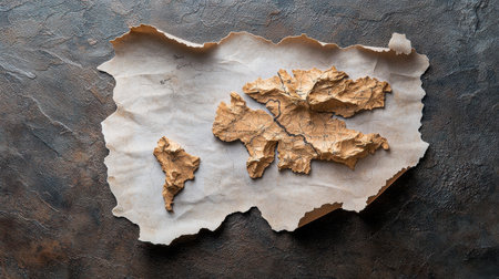 A map of a region with mountains and a river. The map is on a piece of paper that is torn and crumpledの素材