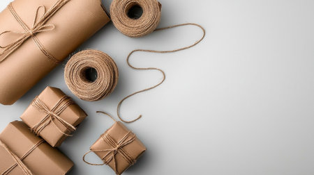 A bunch of brown boxes with strings tied to them. The boxes are of different sizes and are arranged in a way that they form a triangle. The strings are tied in different ways, some are tied in a bowの素材