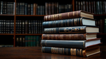 A stack of books on a table in a library. The books are of different sizes and colors, and they are arranged in a neat pile. Concept of order and organization, as well as the importance of knowledgeの素材