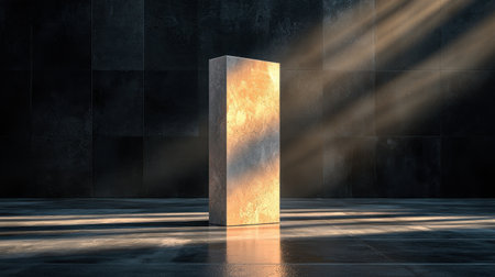 A large, square stone pillar is illuminated by sunlight. The light casts a shadow on the ground, creating a sense of depth and dimension. The scene evokes a feeling of tranquility and serenityの素材