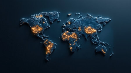 A blue globe with a map of the world on it. The globe is lit up with orange lightsの素材