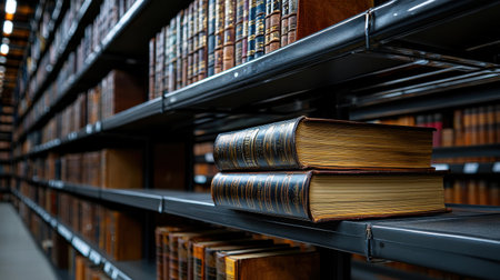 A book is on a shelf in a library. The book is old and has a leather binding. The book is on a shelf with many other booksの素材