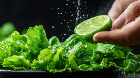 A person is cutting a lime and pouring water over a salad. The salad is full of green lettuce and the lime is being used to add flavorの素材