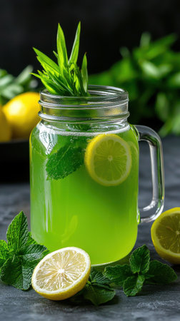A glass of green lemonade with a sprig of mint on top. The drink is served in a glass pitcher and is garnished with a lemon sliceの素材
