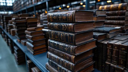 A large collection of old books are stacked on shelves. The books are of various sizes and colors, and they appear to be quite old. The scene gives off a sense of nostalgia and historyの素材