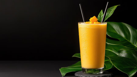 A glass of orange juice with a leaf on top. The glass is half full and the leaf is on the side of the glassの素材