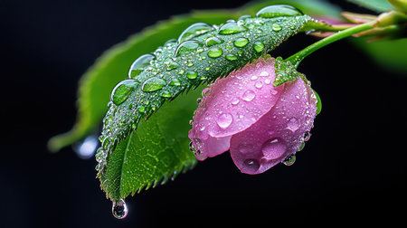 A leaf with water droplets on it. The droplets are small and are scattered all over the leafの素材