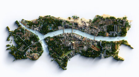 A city map is shown with a river running through it. The city is filled with buildings and trees, and there are boats on the river. The map is a creative representation of the cityの素材