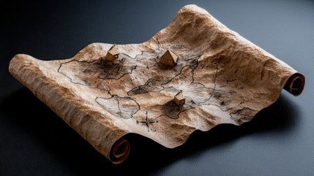 A map of a fantasy world with three mountains and three small buildings. The map is on a tableの素材