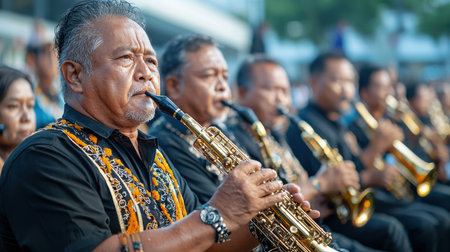 A group of men are playing instruments, including a saxophone. They are sitting in a row and appear to be enjoying themselvesの素材