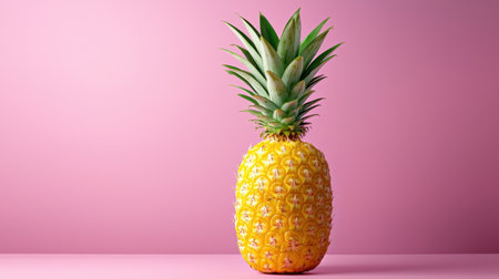 A yellow pineapple sits on a pink background. The pineapple is the main focus of the image, and it is the only object in the scene. The pink background creates a warm and inviting atmosphereの素材