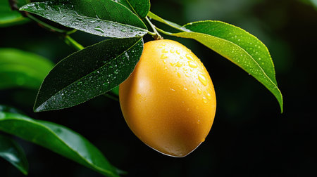 A yellow lemon is hanging from a tree. The leaves are wet and the fruit is shiny. Concept of freshness and natural beautyの素材