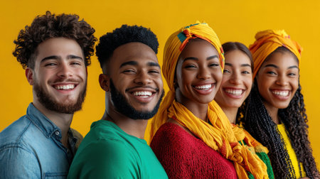 A group of people wearing colorful clothing and smiling for the camera. Scene is happy and cheerfulの素材
