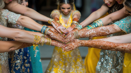 A group of women are holding hands in a circle, with one woman wearing a yellow dress. The women are all wearing gold and blue bangles, and the overall mood of the image is joyful and celebratoryの素材