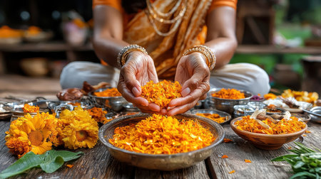 A woman is holding a bowl of orange flowers. The bowl is on a wooden table. There are other bowls and plates of flowers around the tableの素材