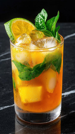 A glass of a drink with ice cubes and a lime wedge on top. The drink is a cocktail and the glass is on a black tableの素材