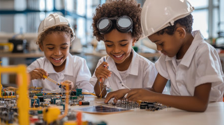 Three children are playing with a toy robot. They are wearing goggles and smiling. The robot is made of electronic parts and is on a tableの素材