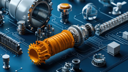 A blue background with a yellow object on it. The object is surrounded by other objects, some of which are also yellow. Scene is one of complexity and intricacy, with the various objectsの素材