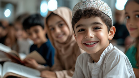 A group of children are sitting together and smiling. One of the children is wearing a white shirt and a white hatの素材