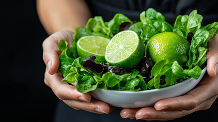 A person is holding a bowl of salad with green lettuce and lime slices. The bowl is white and the person's hands are holding it. The salad is a healthy and refreshing meal optionの素材
