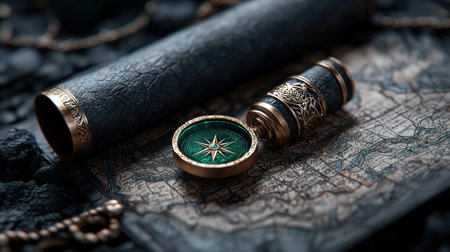 A compass sits on top of a map. The compass is green and gold. The map is black and whiteの素材