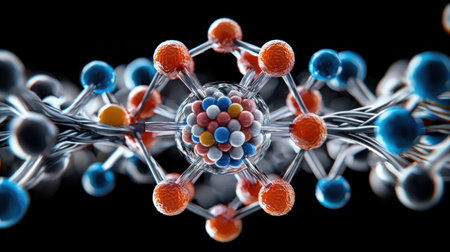 A colorful ball of atoms with a blue and orange center. The image is abstract and has a futuristic feel to itの素材