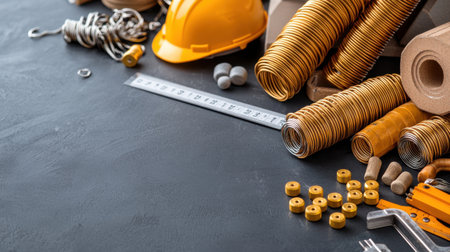 A table with a ruler, a box of screws, and a box of nails. The ruler is on the left side of the table, and the box of screws and nails are on the right sideの素材