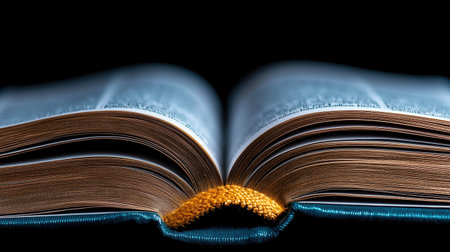 A book is open to a page with a yellow spine. The book is blue and blackの素材