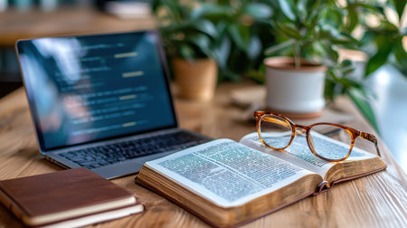 A laptop and a book are on a table. The laptop is open to a page with a lot of text. The book is open to a page with a picture of a person wearing glassesの素材