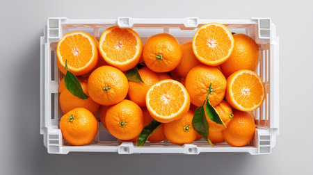 A crate full of oranges with some of them cut open. The oranges are fresh and ripe, and the crate is whiteの素材