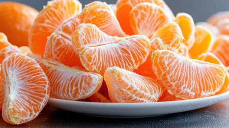 A plate of oranges with the peel still on them. The oranges are sliced and arranged on a white plateの素材