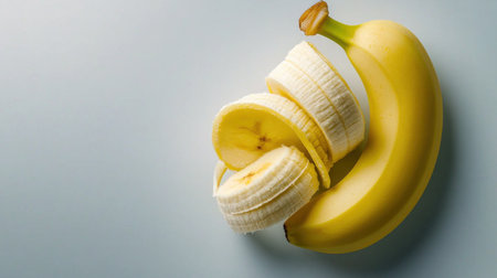 A banana is sliced into pieces and placed on a blue background. Concept of freshness and natural beauty, as the banana is a simple yet essential part of a healthy dietの素材