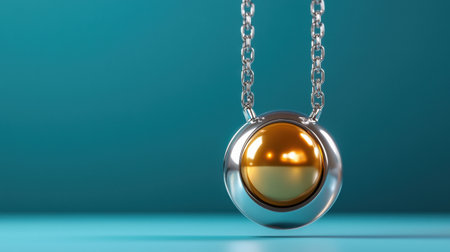 A gold and silver necklace with a round pendant. The pendant is a ball with a reflective surface. The necklace is hanging from a chainの素材