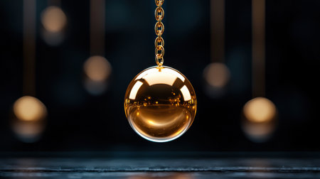 A gold ball is suspended from a chain. The chain is hanging from a ceiling. The ball is the main focus of the imageの素材