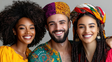 Three people smiling and wearing colorful clothing. The man is wearing a green shirt and the woman is wearing a yellow shirtの素材