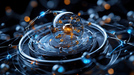 A sphere of glowing spheres with a blue and orange center. The sphere is surrounded by a network of smaller spheresの素材