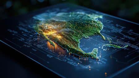 A computer generated image of the United States with a green color scheme. The image is a representation of the country's terrain and features a large number of lights scattered across the mapの素材