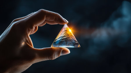 A hand holding a triangular crystal. The crystal is illuminated by a light source, creating a beautiful and mesmerizing effect. Concept of wonder and aweの素材