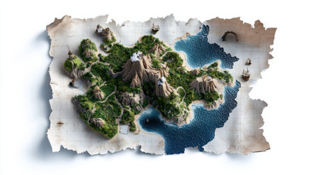 A map of a tropical island with a volcano in the middle. The island is surrounded by water and has a few small boats scattered around. The map is old and worn, giving it a sense of historyの素材