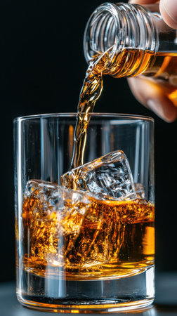 A glass of liquor with ice cubes in it is being poured into it. Concept of relaxation and enjoymentの素材