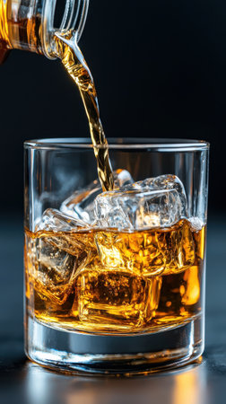 A glass of ice cold whiskey is poured into it. The glass is half full and the ice cubes are melting. The drink is poured from a bottle, and the bottle is almost emptyの素材