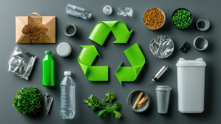 A collection of recyclable items including a green recycling symbol. The image conveys the importance of recycling and taking care of the environmentの素材