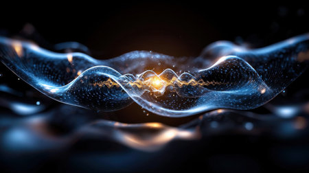 A blue wave with a yellow object in the middle. The wave is surrounded by a dark backgroundの素材